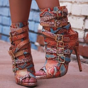 Nude  Multi Color Snake Open Toe Bootie